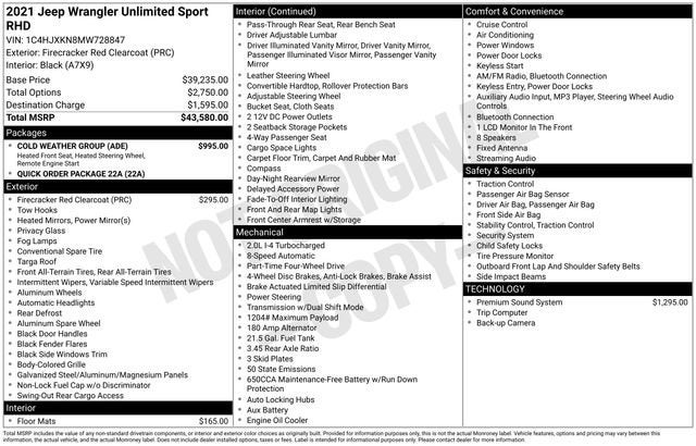2021 Jeep Wrangler Unlimited Sport RHD 4x4