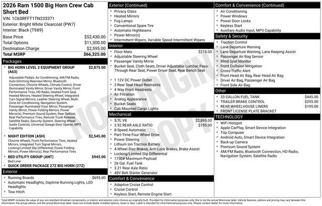 2026 RAM Ram 1500 RAM 1500 BIG HORN CREW CAB 4X4 5'7' BOX